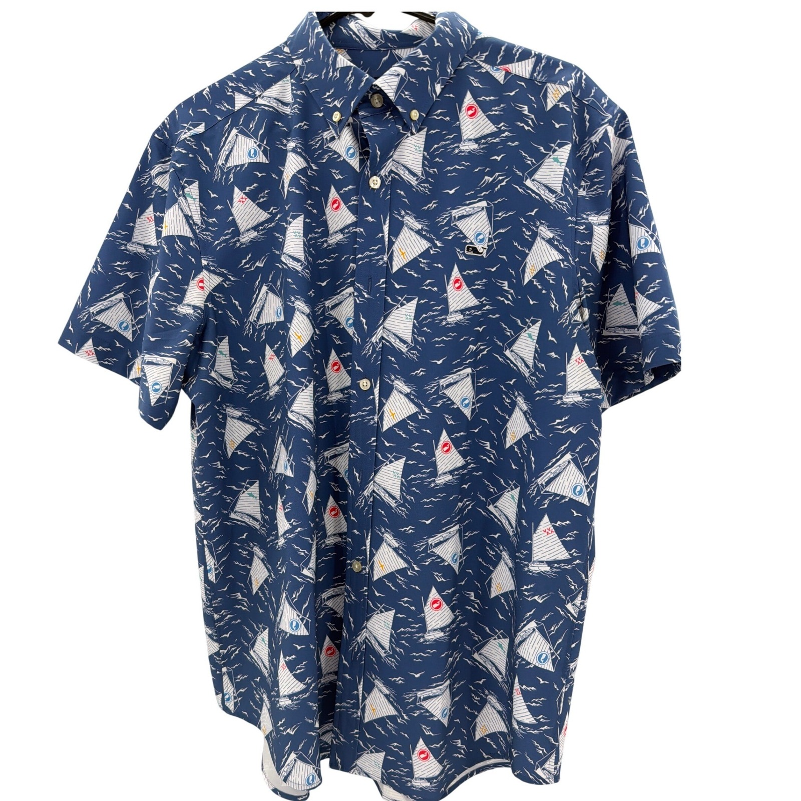 Vineyard Vines Mens Large Whale Sailboat Performance Short Sleeve Navy Blue